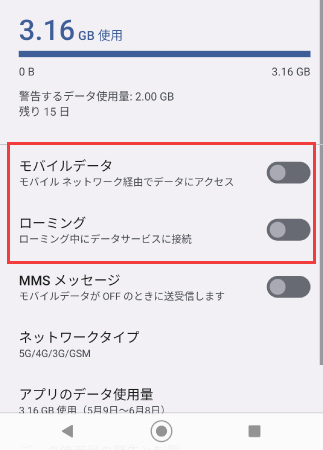 モバイルデータとローミングをOFFにする
